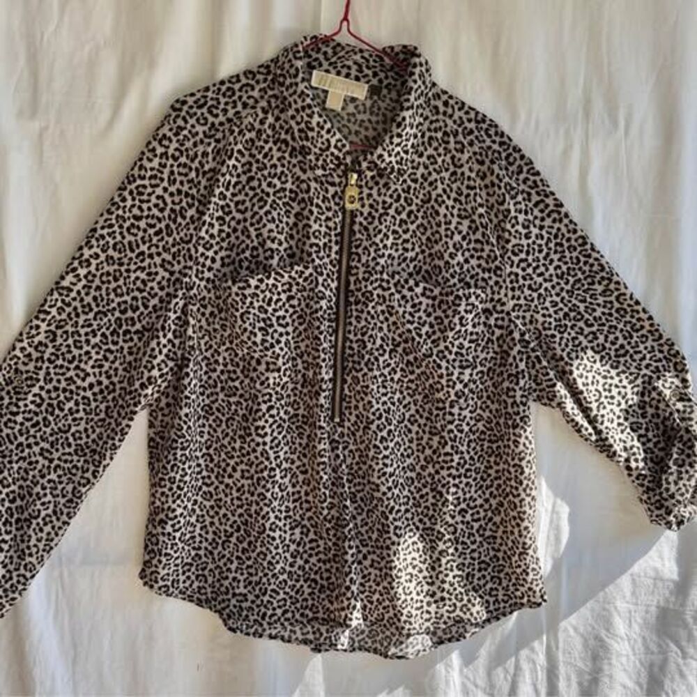 Michael Kors XL Leopard Print Utility Shirt Jacket – Gold-Zip Detail